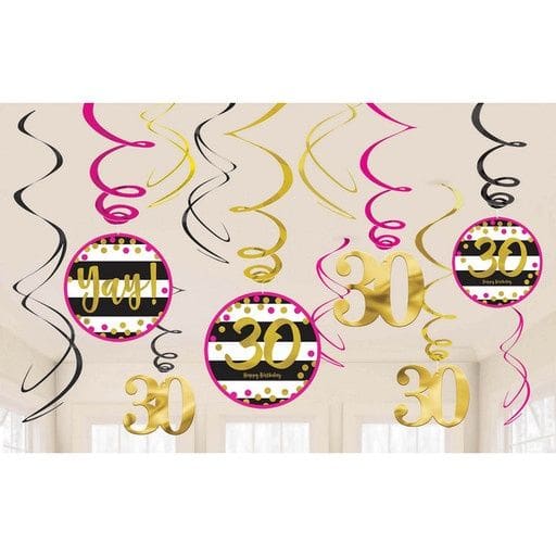 Pink & Gold 30th Birthday Swirl Decorations (12) - The Party Place