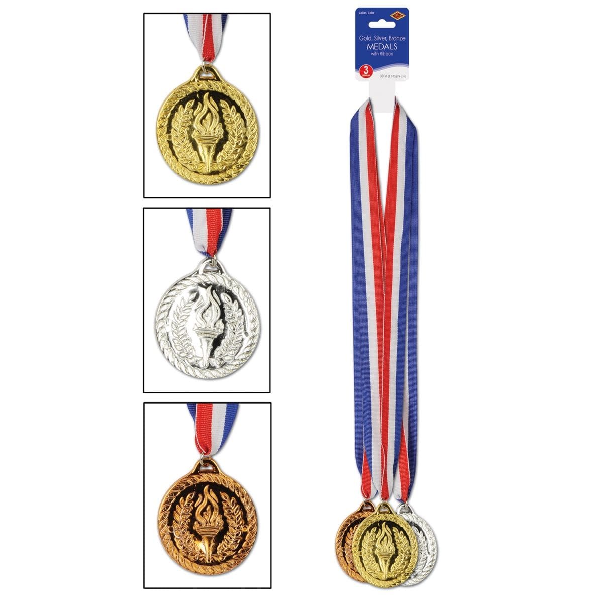 Gold Silver & Bronze Medals with 30 in. Ribbon - The Party Place