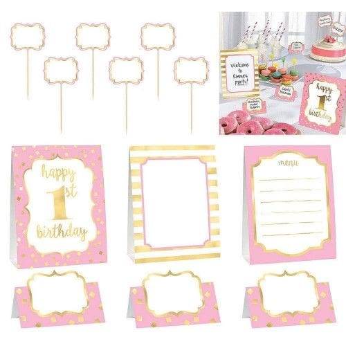 ~ First Party Supplies 12pc 1st BIRTHDAY Pink and Gold BUFFET DECORATING KIT