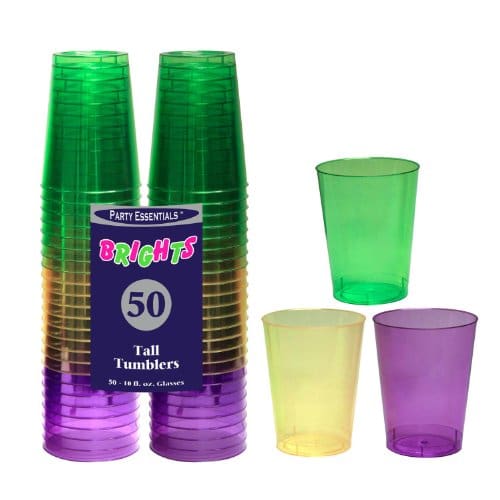 Party Essentials 12 Count 2-Piece Hard Plastic Margarita Glasses, 12-Ounce, Mardi Gras Mix