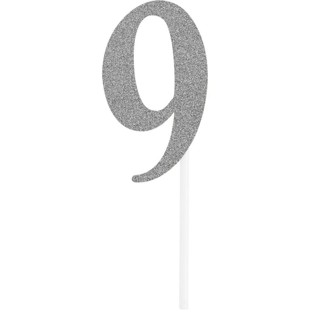 Number 9 Glitter Cake Topper Party Decoration Silver The Party Place